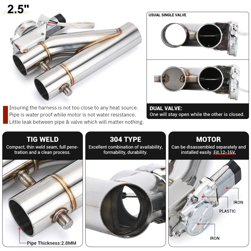 Dual-Valve Electric Exhaust: Universal Stainless Steel 2.0"/2.25"/2.5"/3"