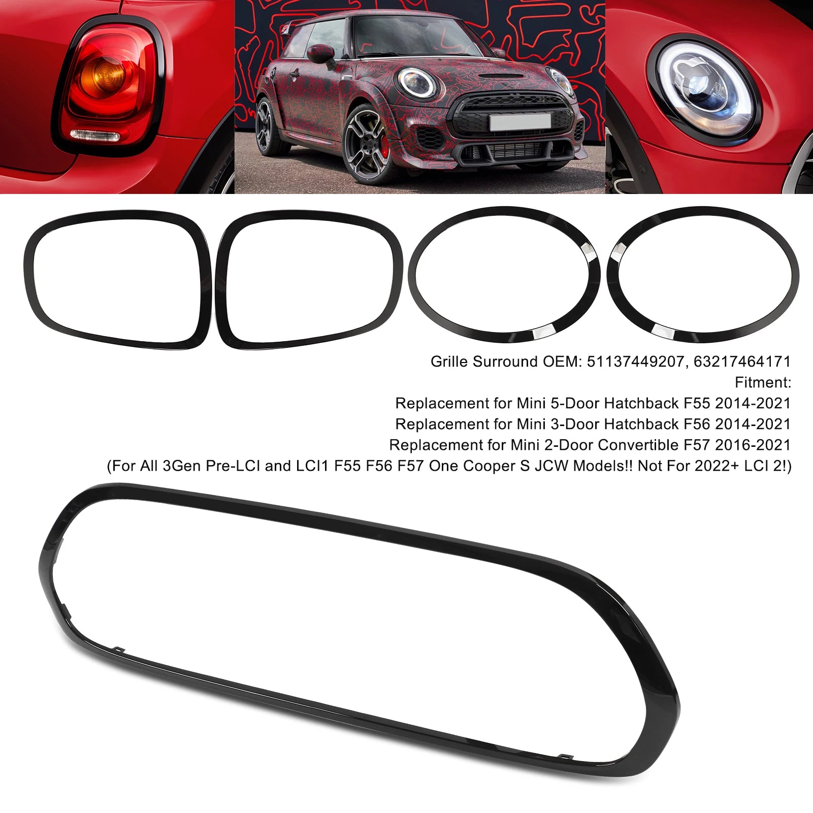 Mini Cooper S JCW 2014+ black headlight, taillight and grill surround
